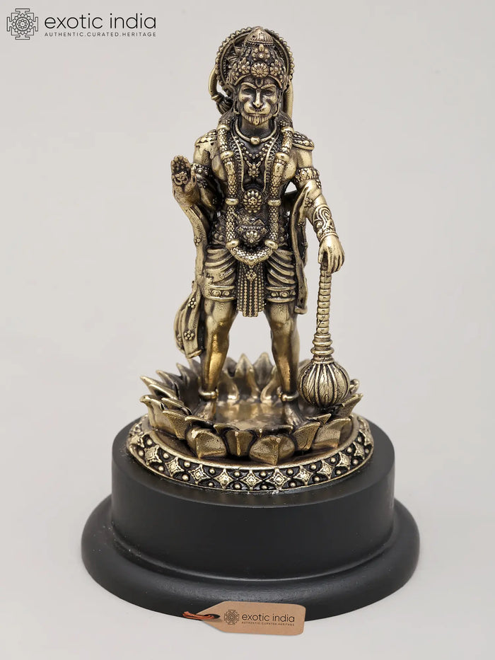 5" Superfine Brass Lord Hanuman Standing Statue with Mace and Wood Base