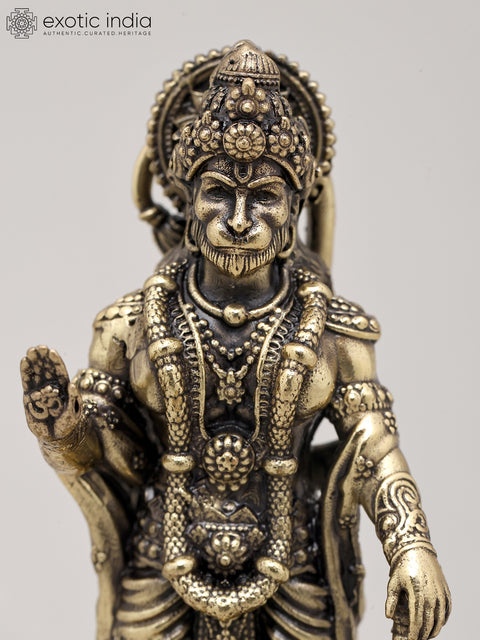 5" Small Superfine Lord Hanuman Standing in Blessing Gesture with Mace and Wood Base | Brass Statue