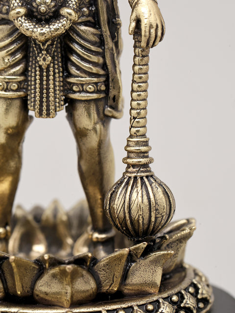 5" Small Superfine Lord Hanuman Standing in Blessing Gesture with Mace and Wood Base | Brass Statue