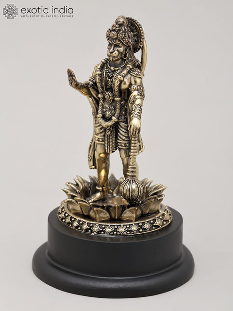 5" Small Superfine Lord Hanuman Standing in Blessing Gesture with Mace and Wood Base | Brass Statue