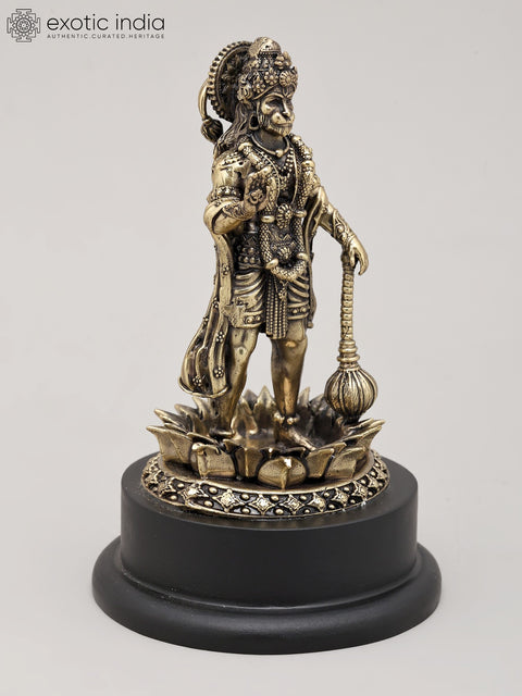5" Small Superfine Lord Hanuman Standing in Blessing Gesture with Mace and Wood Base | Brass Statue