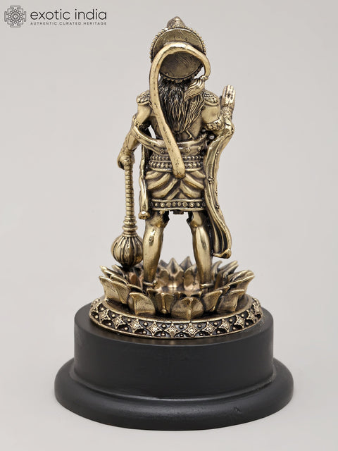 5" Small Superfine Lord Hanuman Standing in Blessing Gesture with Mace and Wood Base | Brass Statue