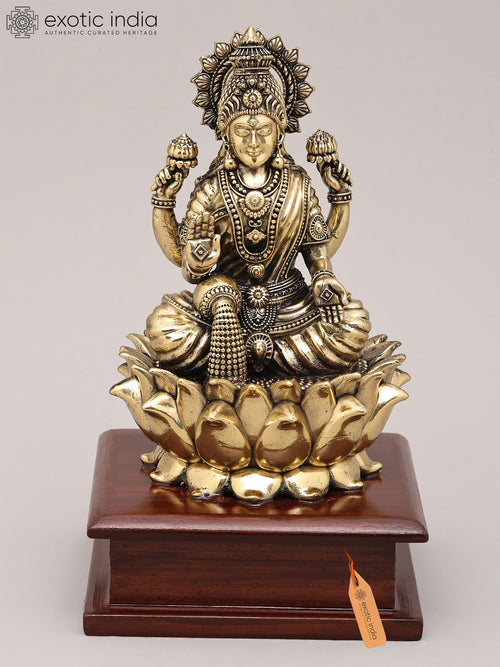 7" Handmade Goddess Dhanalakshmi Brass Sculpture with Lotus Base