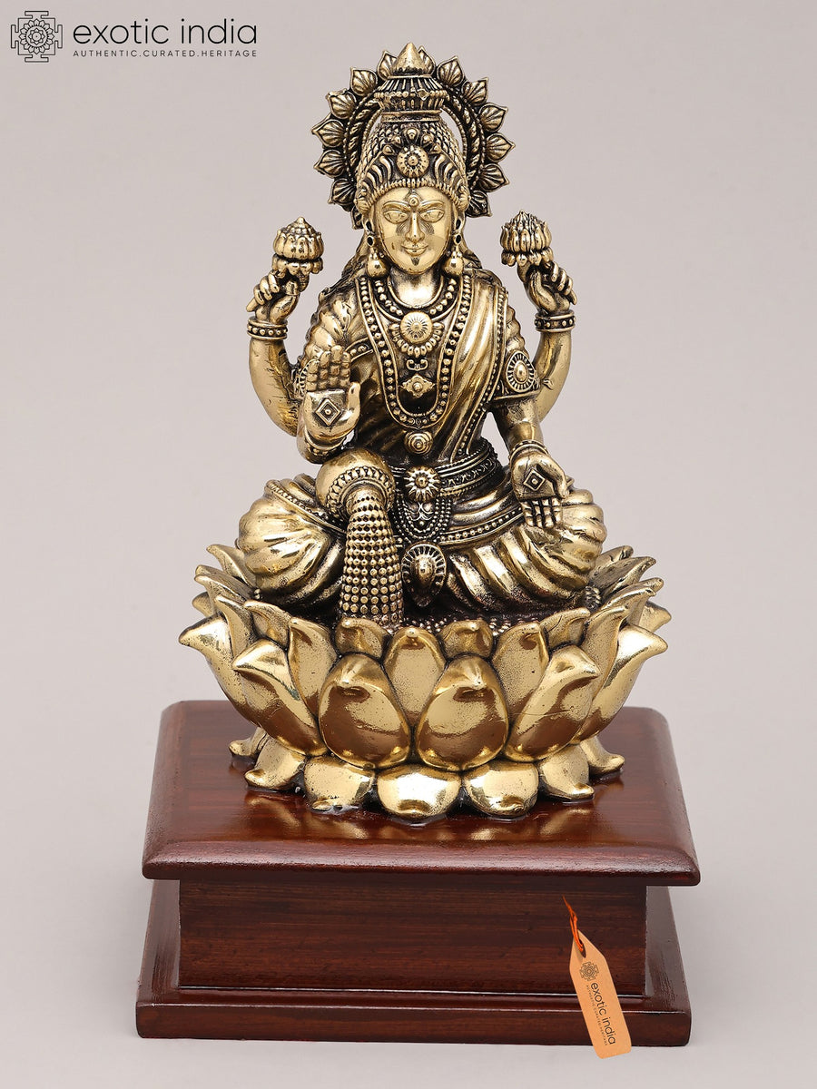 7" Handmade Goddess Dhanalakshmi Brass Sculpture with Lotus Base