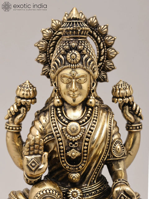 7" Superfine Goddess Dhanalakshmi Seated on Lotus with Four Arms and Wood Base | Brass Sculpture