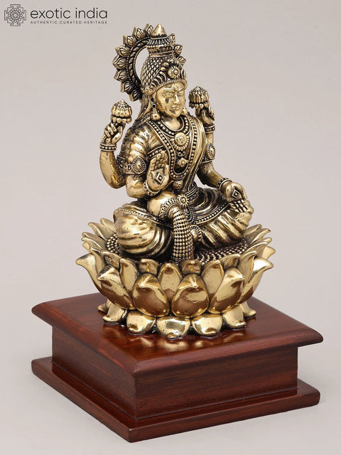 7" Superfine Goddess Dhanalakshmi Seated on Lotus with Four Arms and Wood Base | Brass Sculpture