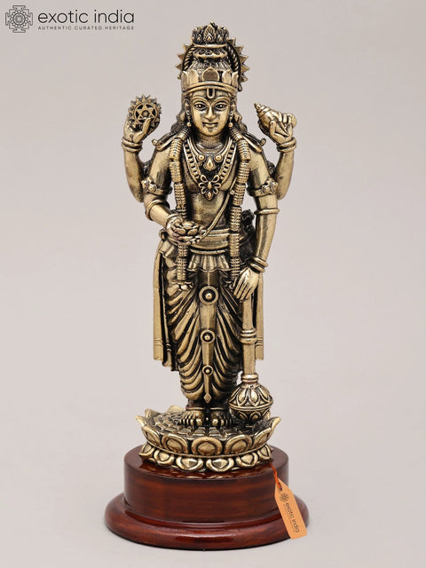 7" Superfine Chaturbhuja Lord Vishnu Idol Standing on Lotus with Wood Base| Brass Statue