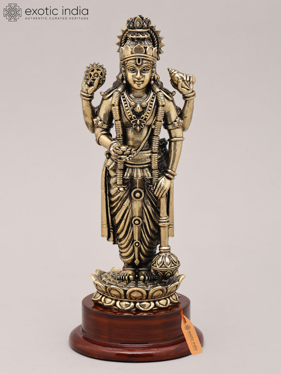 7" Handmade Chaturbhuja Lord Vishnu Brass Idol on Lotus Base