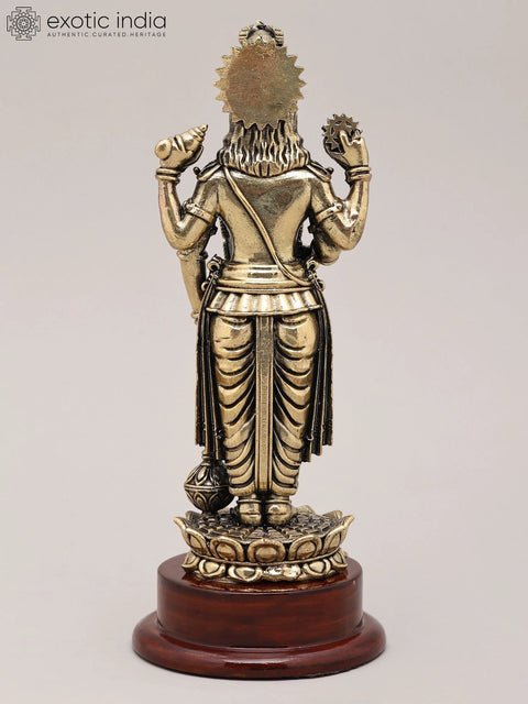 7" Superfine Chaturbhuja Lord Vishnu Idol Standing on Lotus with Wood Base| Brass Statue