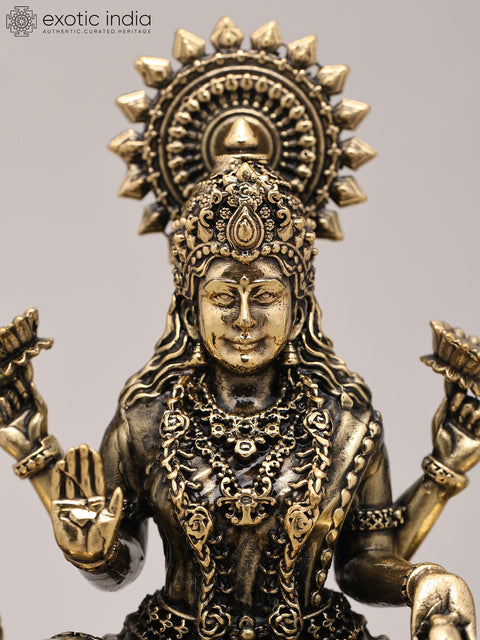 5" Superfine Goddess Dhanalakshmi Seated on Asana with Wood Base | Brass Statue