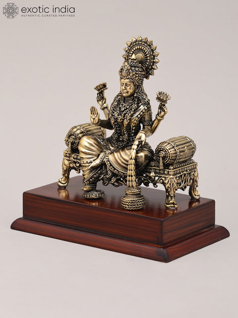 5" Superfine Goddess Dhanalakshmi Seated on Asana with Wood Base | Brass Statue