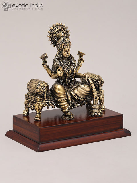 5" Superfine Goddess Dhanalakshmi Seated on Asana with Wood Base | Brass Statue
