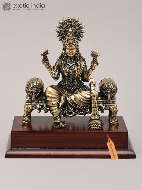 5" Handmade Brass Dhanalakshmi Statue with Wood Base