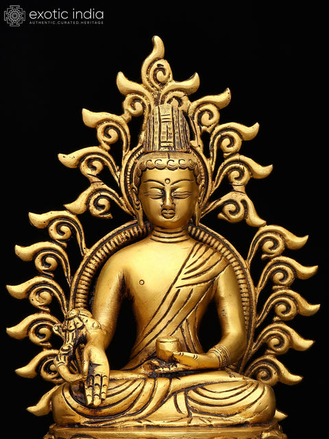 11" Divine Golden Medicine Buddha Idol with Aura | Traditional Buddhist Art Sculpture