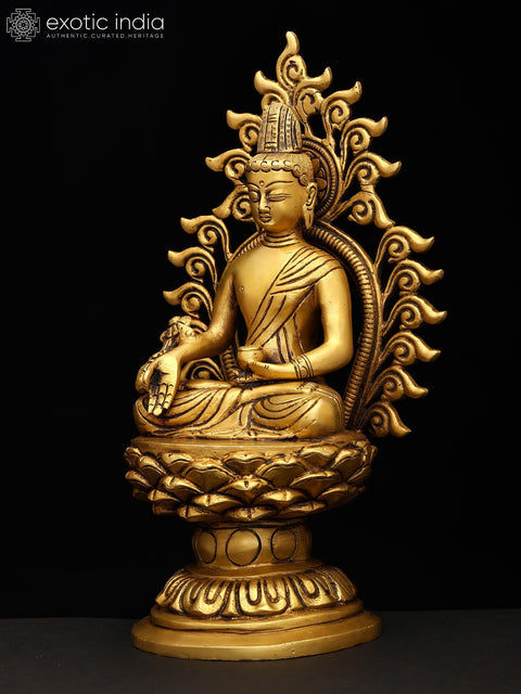 11" Divine Golden Medicine Buddha Idol with Aura | Traditional Buddhist Art Sculpture