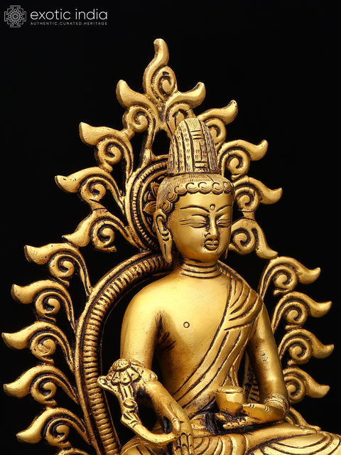 11" Divine Golden Medicine Buddha Idol with Aura | Traditional Buddhist Art Sculpture