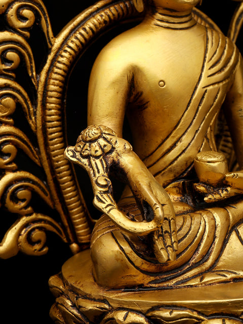 11" Divine Golden Medicine Buddha Idol with Aura | Traditional Buddhist Art Sculpture