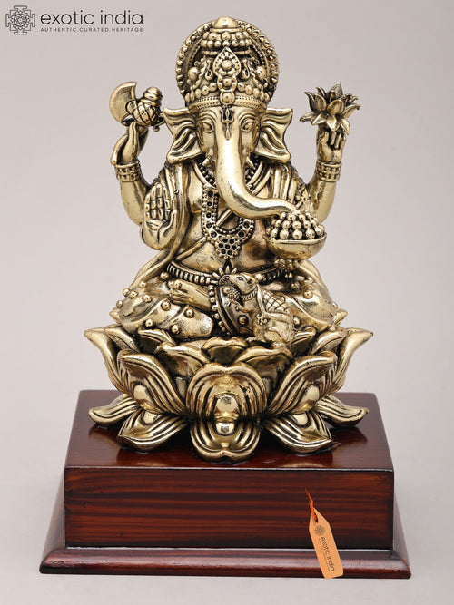 7" Handmade Chaturbhuja Ganapati Brass Idol with Lotus Base