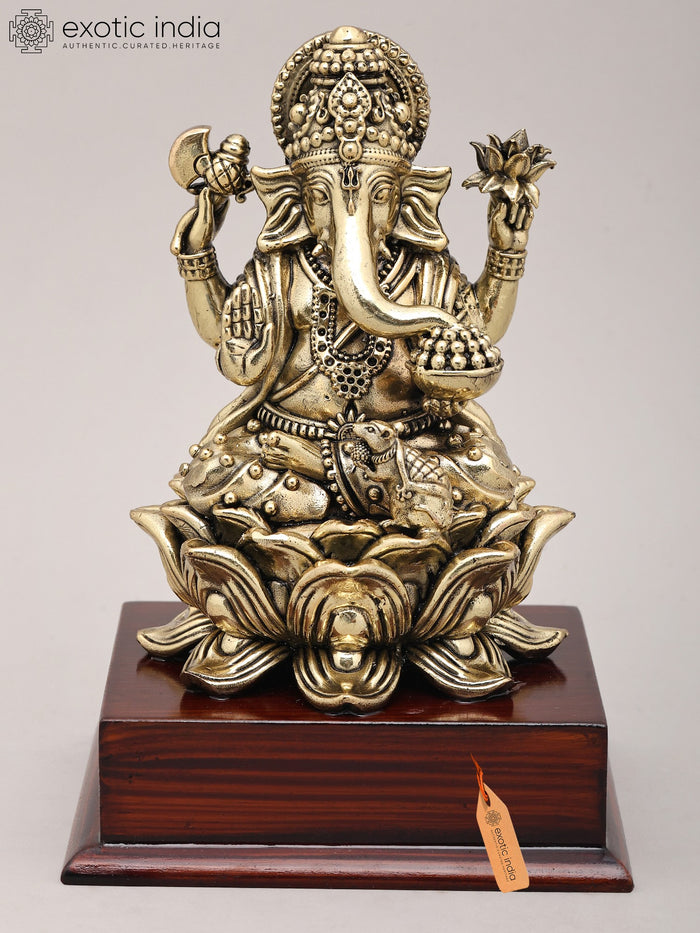 7" Handmade Chaturbhuja Ganapati Brass Idol with Lotus Base