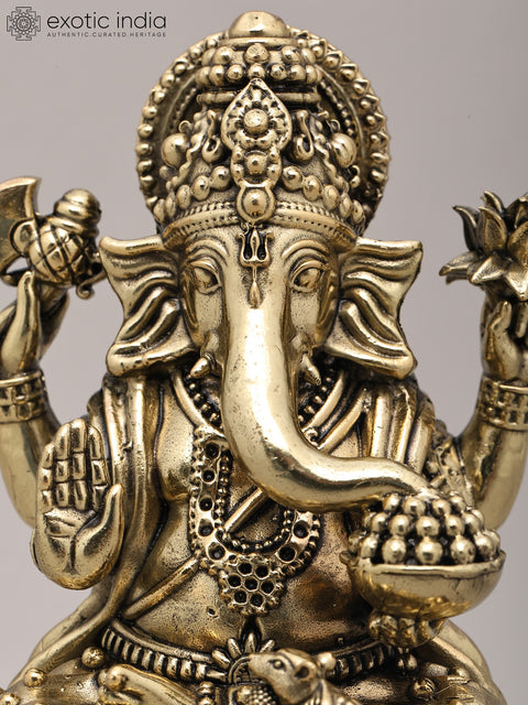 7" Superfine Chaturbhuja Lord Ganapati Seated on Lotus with Wood Base | Brass Sculpture