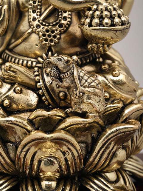 7" Superfine Chaturbhuja Lord Ganapati Seated on Lotus with Wood Base | Brass Sculpture