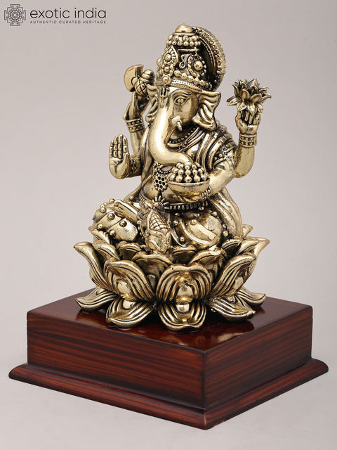7" Superfine Chaturbhuja Lord Ganapati Seated on Lotus with Wood Base | Brass Sculpture