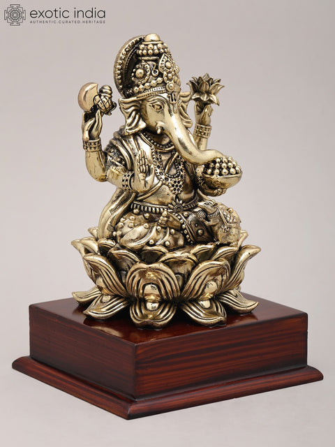 7" Superfine Chaturbhuja Lord Ganapati Seated on Lotus with Wood Base | Brass Sculpture