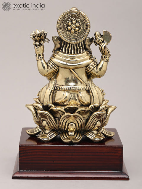 7" Superfine Chaturbhuja Lord Ganapati Seated on Lotus with Wood Base | Brass Sculpture