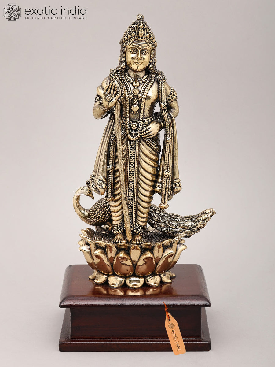9" Handmade Lord Kartikeya Brass Idol with Peacock and Wood Base