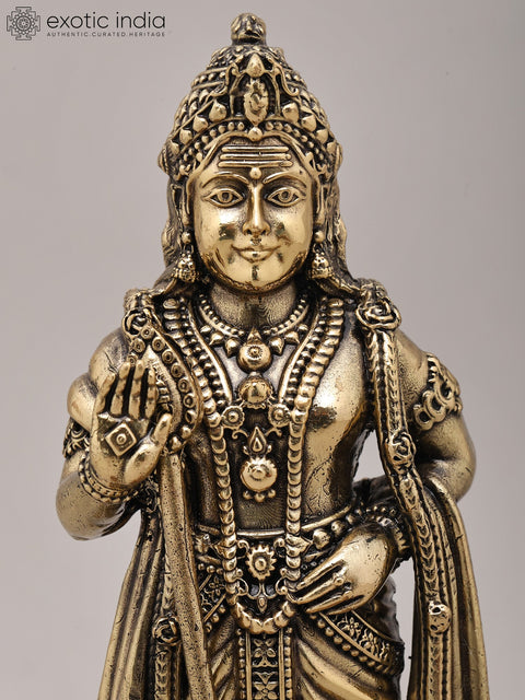 9" Superfine Lord Kartikeya in Standing Gesture with Peacock and Wood Base | Brass Idol