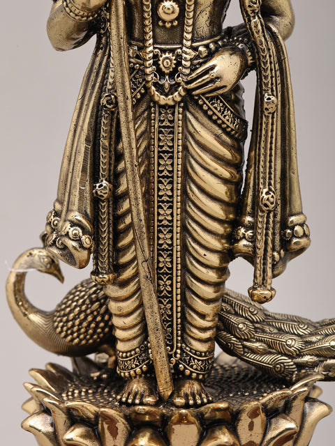 9" Superfine Lord Kartikeya in Standing Gesture with Peacock and Wood Base | Brass Idol