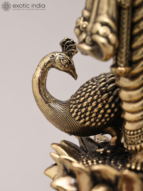 9" Superfine Lord Kartikeya in Standing Gesture with Peacock and Wood Base | Brass Idol