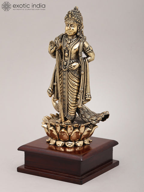9" Superfine Lord Kartikeya in Standing Gesture with Peacock and Wood Base | Brass Idol