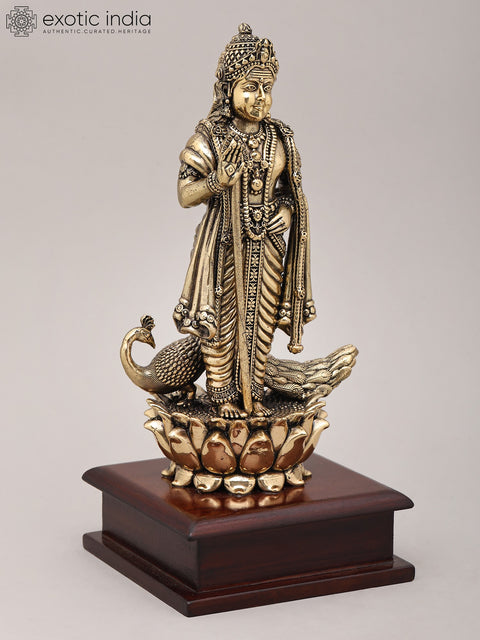 9" Superfine Lord Kartikeya in Standing Gesture with Peacock and Wood Base | Brass Idol