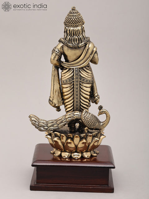9" Superfine Lord Kartikeya in Standing Gesture with Peacock and Wood Base | Brass Idol