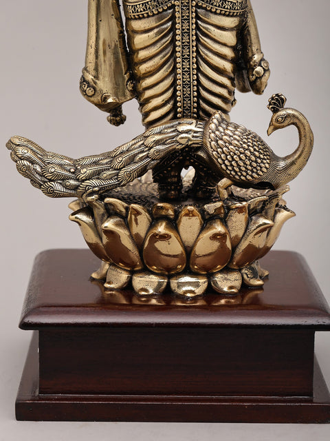 9" Superfine Lord Kartikeya in Standing Gesture with Peacock and Wood Base | Brass Idol