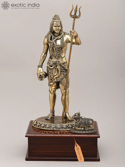 13" Superfine Standing Gesture Lord Shiva with Damaru, Trident and Seated Nandi on Wood Base | Brass Statue