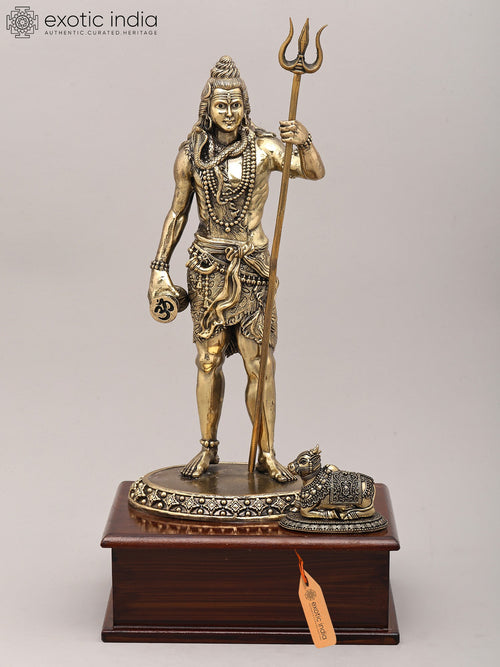 13" Handmade Standing Lord Shiva Brass Statue with Damaru, Trident and Nandi
