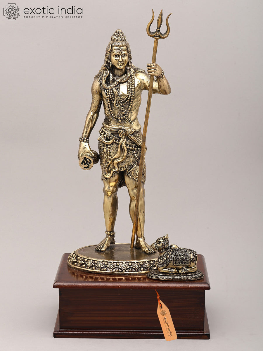 13" Handmade Standing Lord Shiva Brass Statue with Damaru, Trident and Nandi