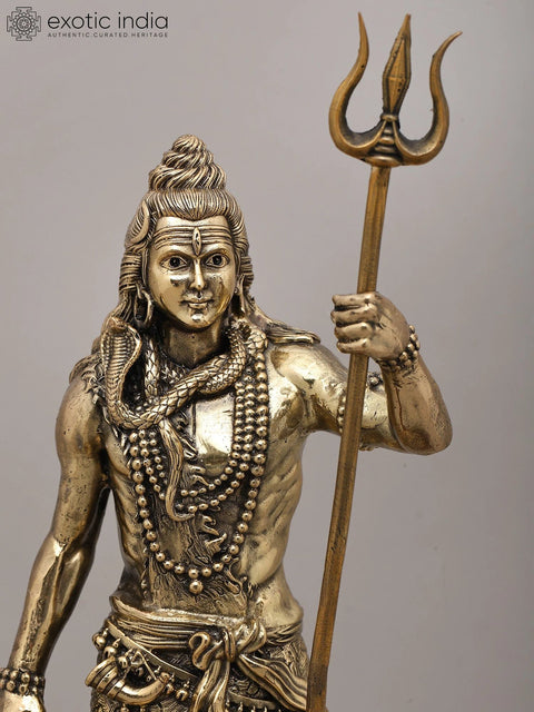13" Superfine Standing Gesture Lord Shiva with Damaru, Trident and Seated Nandi on Wood Base | Brass Statue