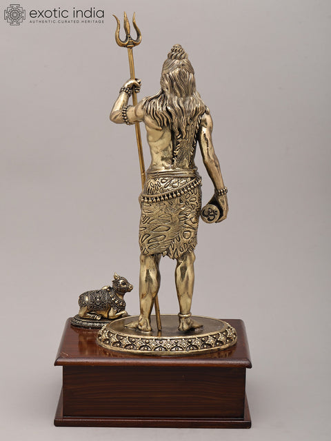 13" Superfine Standing Gesture Lord Shiva with Damaru, Trident and Seated Nandi on Wood Base | Brass Statue