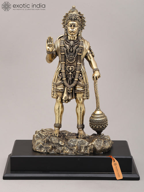 14" Handmade Brass Hanuman Idol in Blessing Gesture with Mace and Wood Base