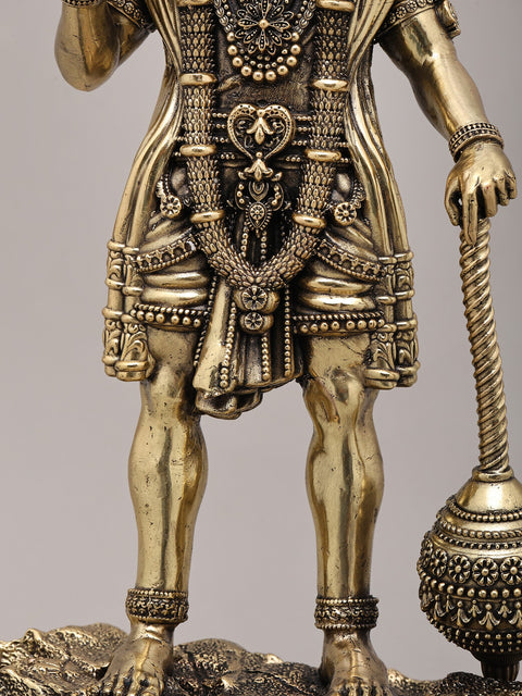 14" Superfine Idol of Lord Hanuman in Blessing Gesture with Mace and Wood Base | Brass Sculpture