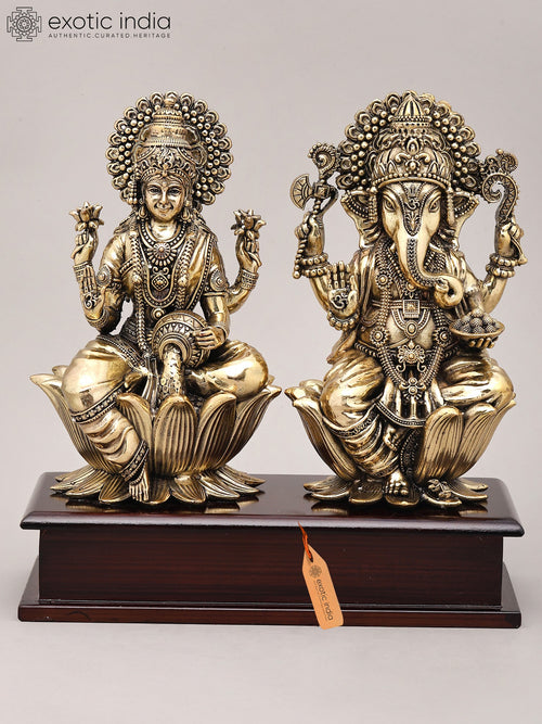 9" Brass Goddess Lakshmi and Lord Ganesha Idol on Lotus Seat