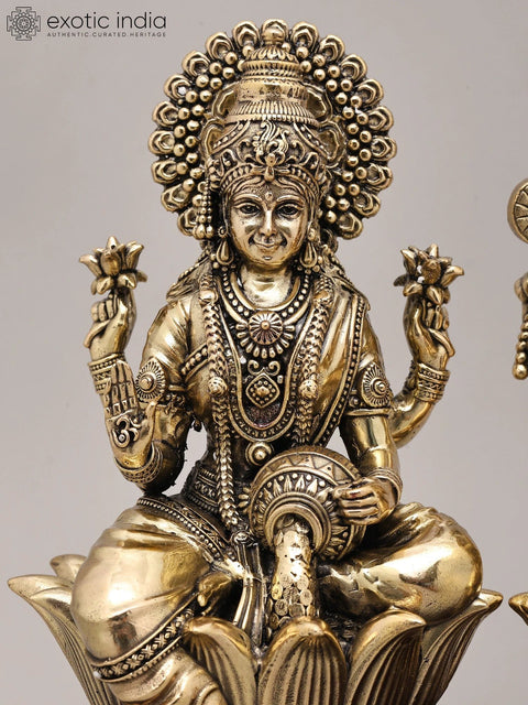 9" Superfine Goddess Lakshmi and Lord Ganesha Idol Seated on Lotus | Brass Statue