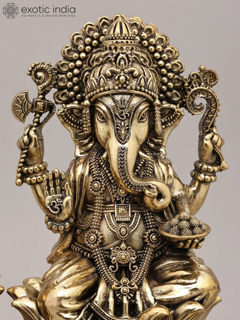 9" Superfine Goddess Lakshmi and Lord Ganesha Idol Seated on Lotus | Brass Statue