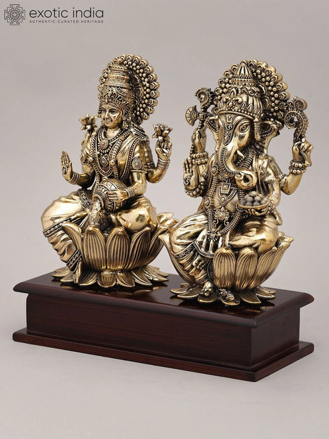 9" Superfine Goddess Lakshmi and Lord Ganesha Idol Seated on Lotus | Brass Statue