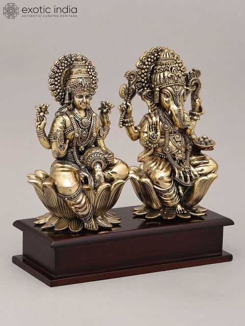 9" Superfine Goddess Lakshmi and Lord Ganesha Idol Seated on Lotus | Brass Statue