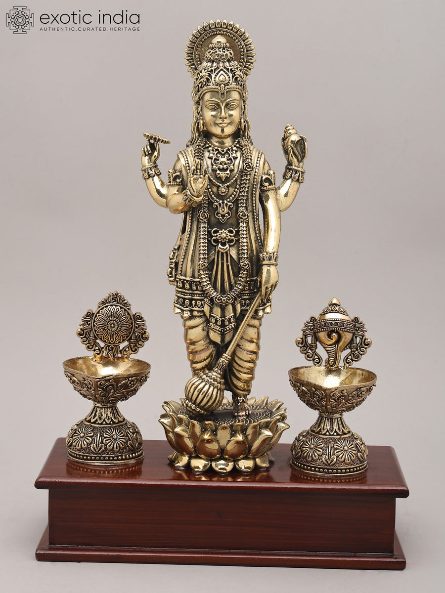 13" Four Armed Lord Vishnu Brass Idol with Oil Lamp and Wood Base