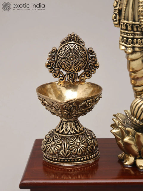 13" Superfine Idol of Four Amred Lord Vishnu with Oil Lamp and Wood Base | Brass Sculpture
